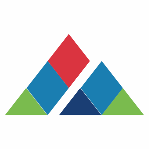 A geometric design featuring two triangular shapes with sections in red, blue, green, and dark blue, forming a mountain-like structure.