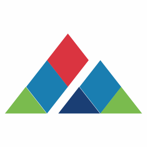 A geometric design featuring interlocking triangles in red, blue, green, and dark blue.